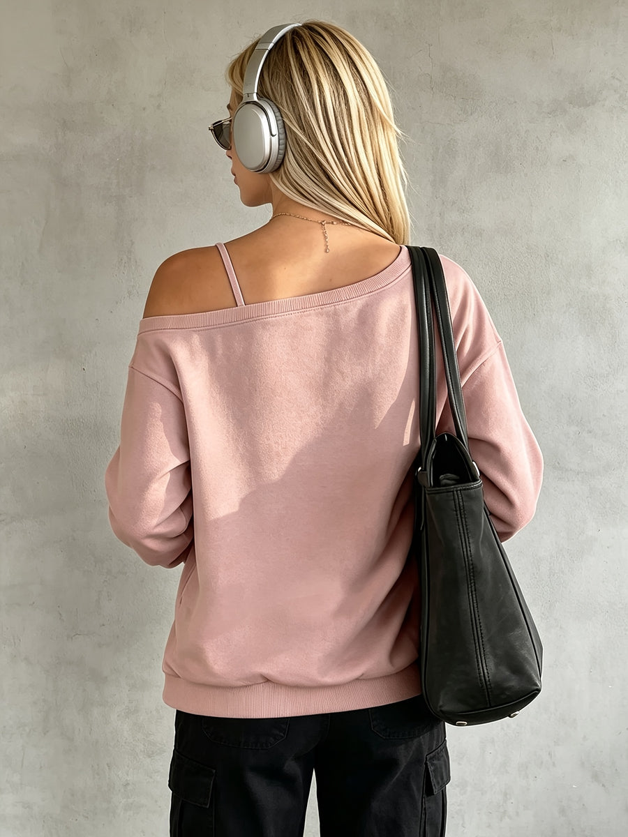 Autumn Women'S Off-Shoulder Fashion Sweatshirt with Bow Detail, Long Sleeve, Casual Streetwear - Pink Color