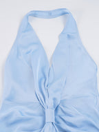 Blue Satin Halter Neck Deep V Pleated Gown, Elegant and Sexy Backless Long Dress, Temperamental Women's Wedding Bridesmaid Dress - Sky Blue