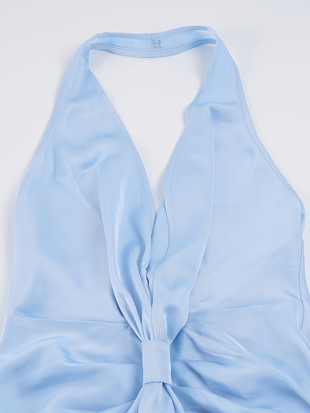 Blue Satin Halter Neck Deep V Pleated Gown, Elegant and Sexy Backless Long Dress, Temperamental Women's Wedding Bridesmaid Dress - Sky Blue