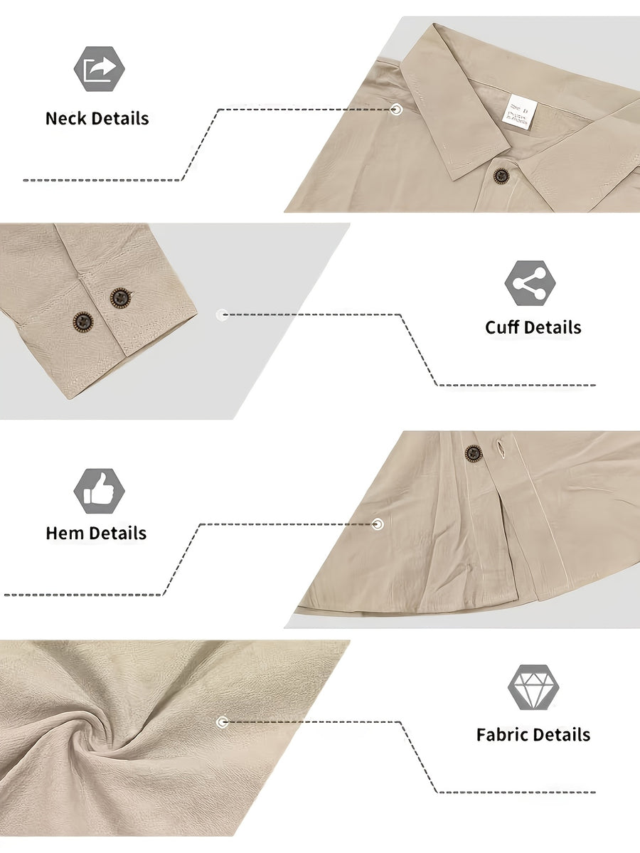 Spring/Autumn Men'S Henley Shirt Linen Long Sleeve, Comfortable And Breathable Fabric, Suitable for Daily Outings, Outdoor Sports, Travel, And Vacation, Lightweight And Breathable Regular Fit with Chest Pocket And Buttoned Cuffs, Ideal for Beach - Khaki