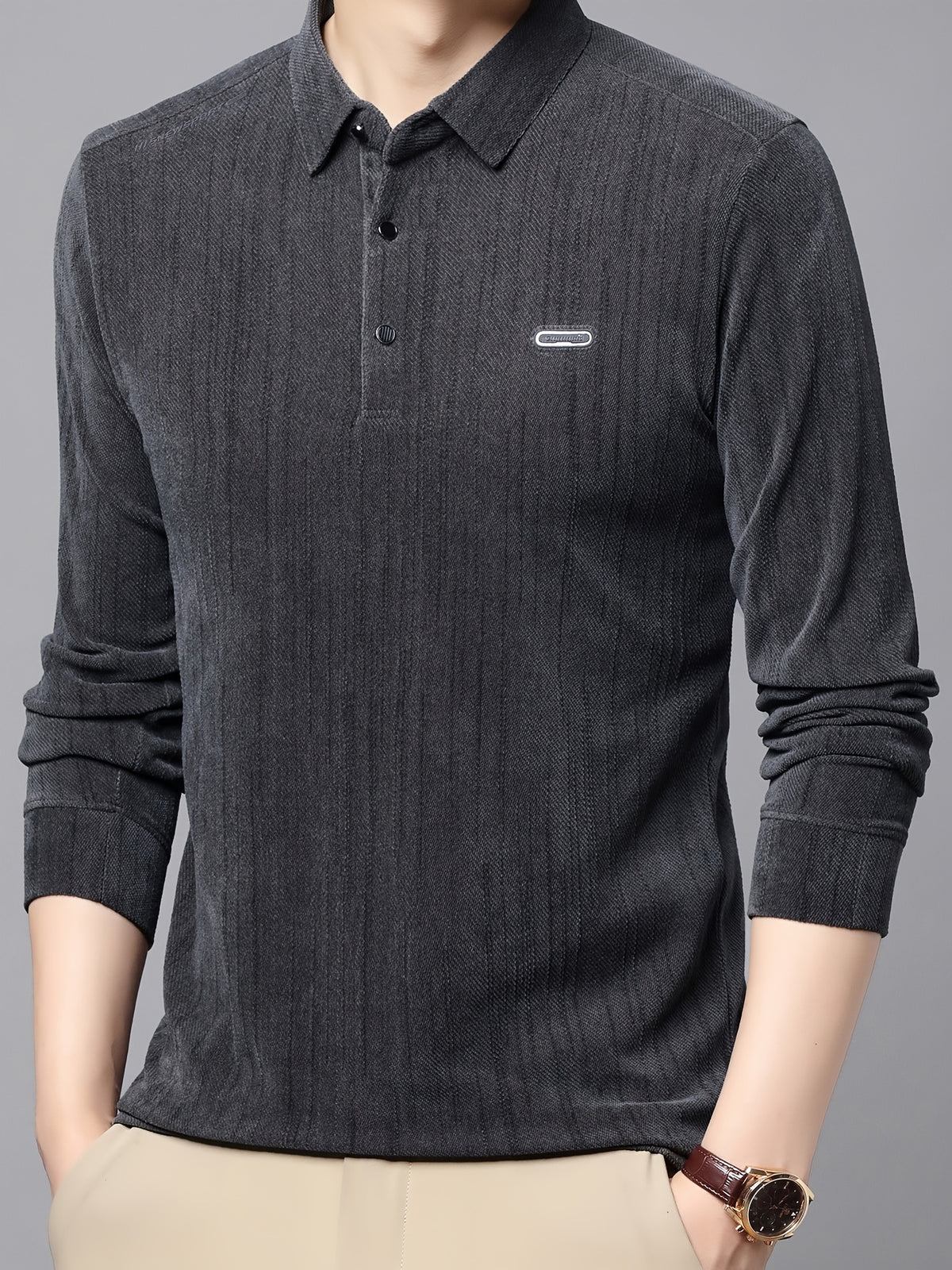 New Autumn Collection: Men's High-GSM Solid Color Textured Vertical Stripe Lapel Top for Commuting, Business, and Casual Wear - Knitted T-Shirt Polo Shirt - Grey