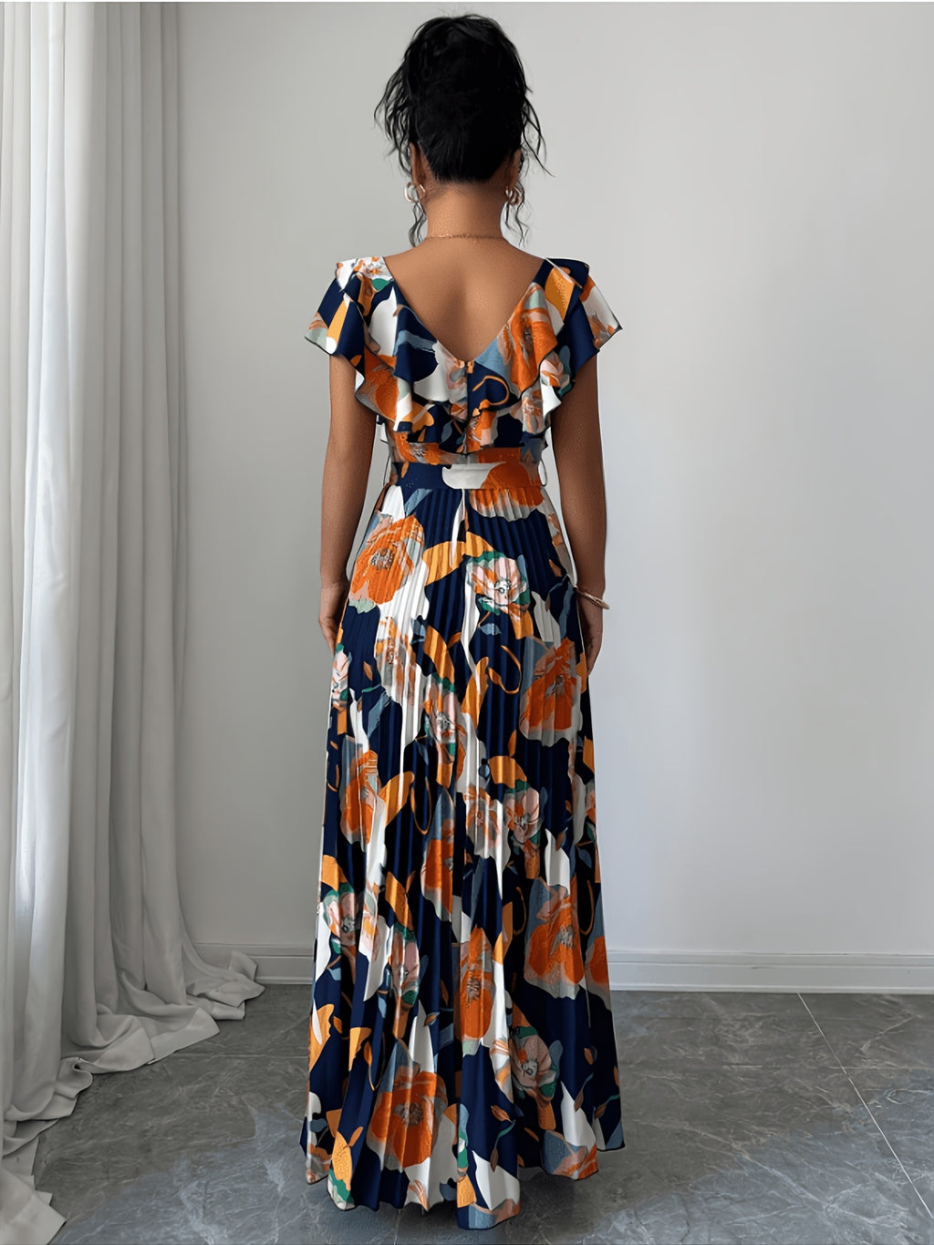 V-Neck Digital Floral Print Vacation Ruffled Waist A-Line Elegant Romantic Women'S Dress - Multicolor