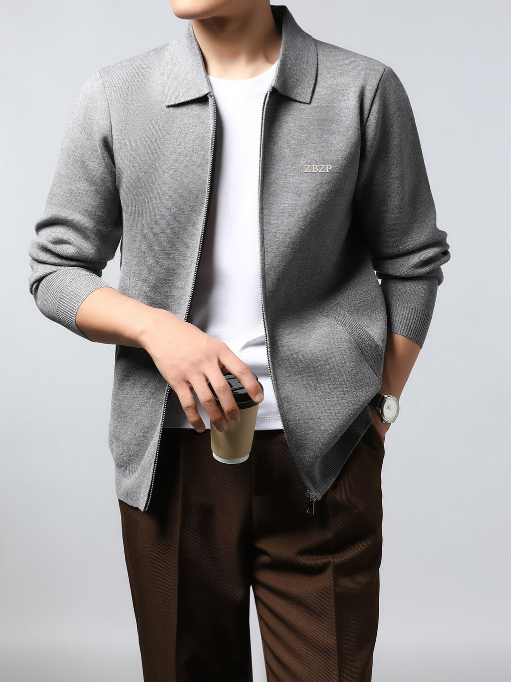 ZBZP Autumn/Winter Knitted Three-Dimensional Solid Color Lapel Sweater, Basic Knit Cardigan, Men's Fashion Knitwear Long-Sleeve Outerwear - Light Grey