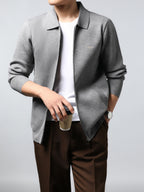ZBZP Autumn/Winter Knitted Three-Dimensional Solid Color Lapel Sweater, Basic Knit Cardigan, Men's Fashion Knitwear Long-Sleeve Outerwear - Light Grey