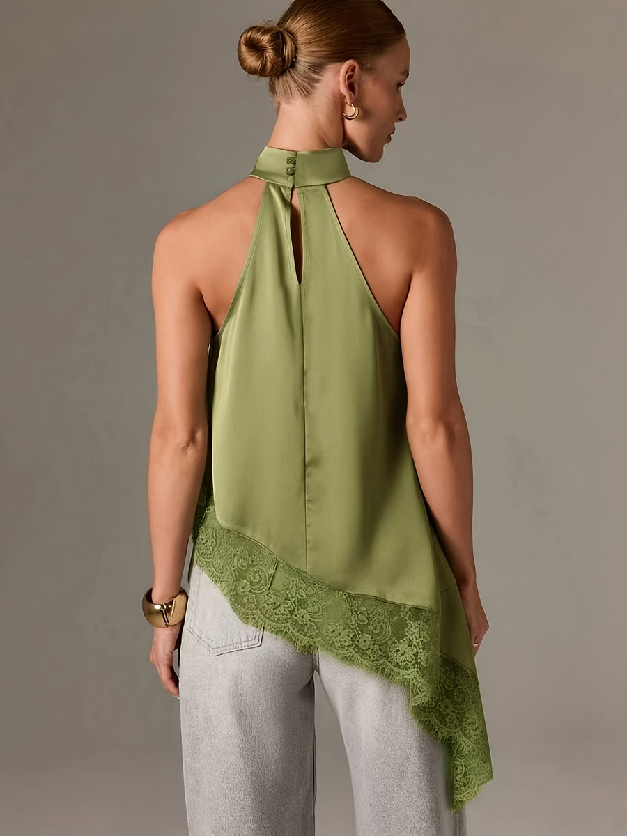 Directional Style Irregular Patchwork Lace Neckline Halter Elegant Temperament Top Halter Vest - Green