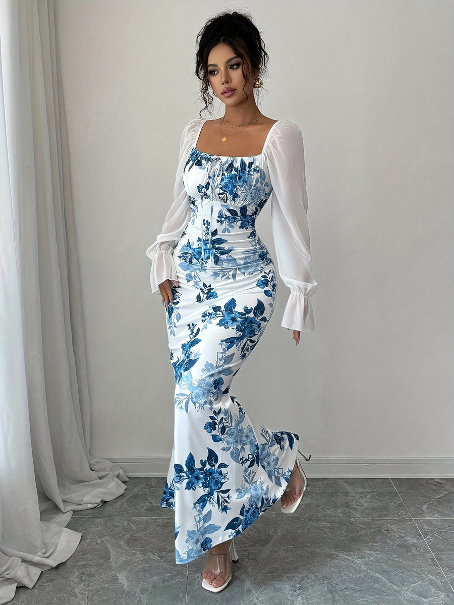 Women's Elegant Square Neck Dress with Chest Wrinkle Bow Accent - Slim-Fit Long Sleeve A-Line Dress, High Elasticity Fabric for Wedding, Date Night & Casual Attire, Machine Washable, All-Season A-Line Dress - Mixed colors