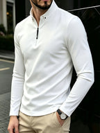 Men's Polo Shirt with Half-Zip, Long Sleeves, Collared, Slim Fit, Solid Color Base Layer for Spring/Autumn, Casual and Stylish - White