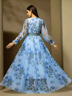 [ZD1031036] Elegant Floral Dress with See-Through Long Sleeves, Tie-Up Bow, Waist-Cinching, And Large Swing, Suitable for Dates, Dinners, And Evening Gowns - Light Blue