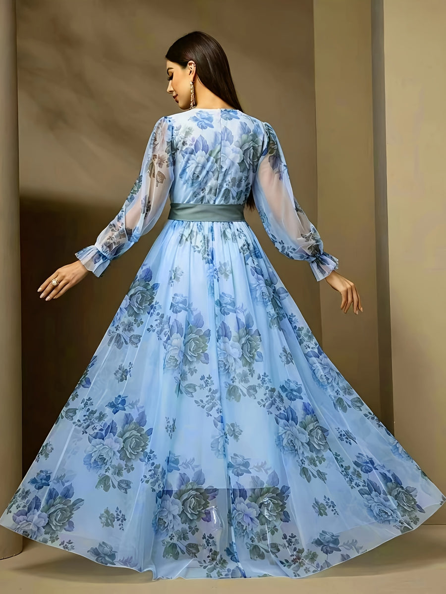 [ZD1031036] Elegant Floral Dress with See-Through Long Sleeves, Tie-Up Bow, Waist-Cinching, And Large Swing, Suitable for Dates, Dinners, And Evening Gowns - Light Blue