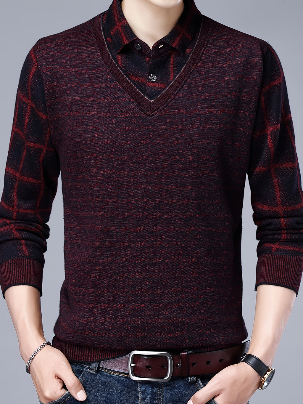Spring/Autumn New Men's V-Neck Polo Shirt, Plaid Patchwork Long Sleeve, Business Casual 2-in-1 Look Pullover Base Layer Men's Apparel - Burgundy