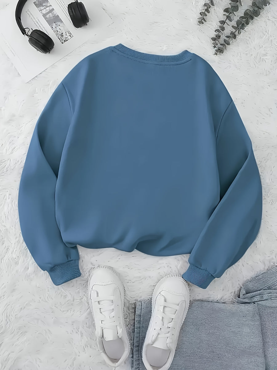 Women'S Fashion Round Neck Letter Pattern Print Casual Sweatshirt - Peacock Blue