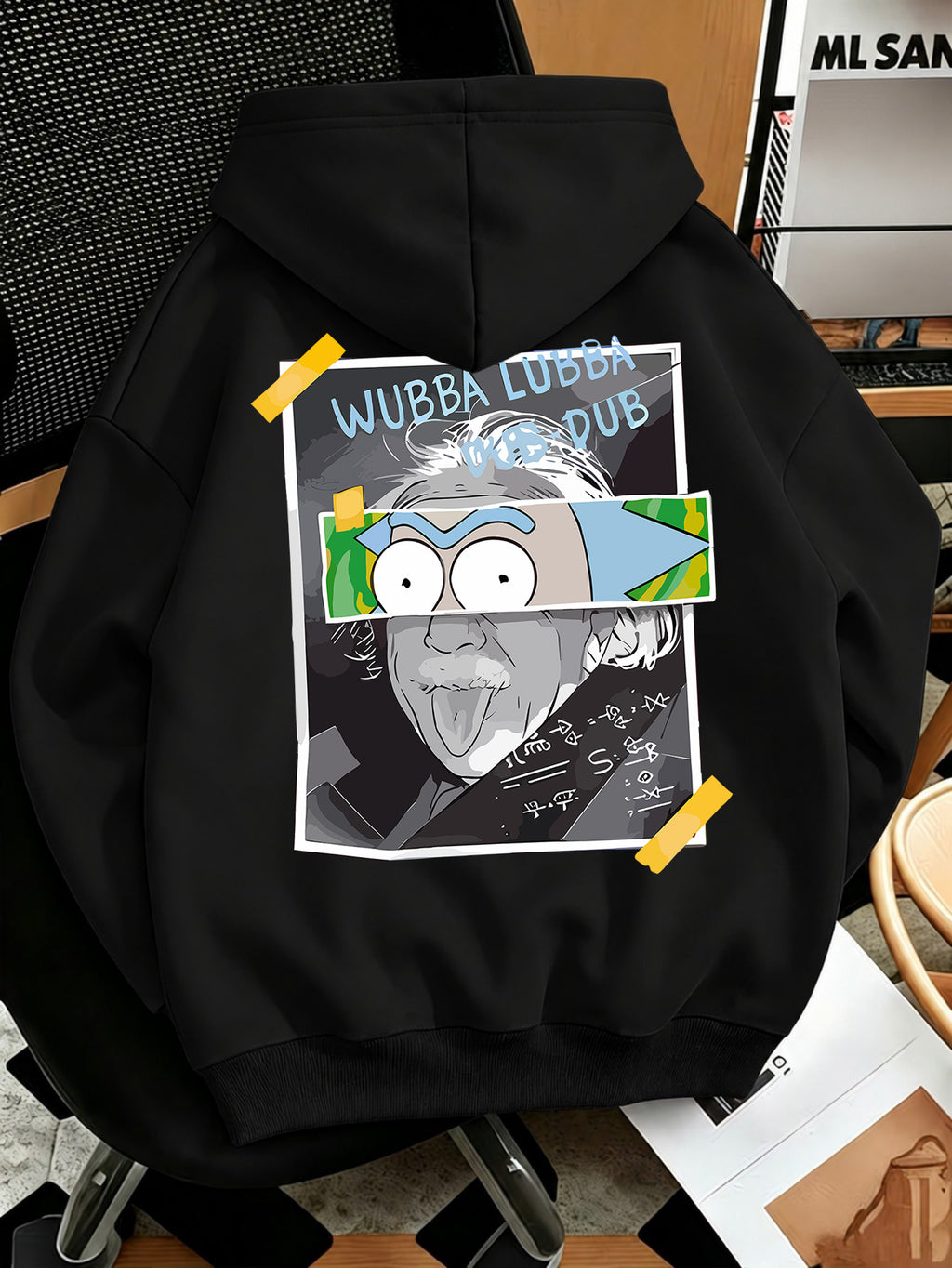 Warner Bros Official Men's Fashion Sweatshirt, Rick's Classic Catchphrase Collage Einstein Polaroid Print Design, Men's Fashion Hoodie Loose Fit with Adjustable Drawstring, -Lined Sweatshirt for Comfortable Fall/Winter Wear, Outdoor Sports Casual - Black