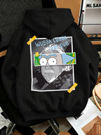 Warner Bros Official Men's Fashion Sweatshirt, Rick's Classic Catchphrase Collage Einstein Polaroid Print Design, Men's Fashion Hoodie Loose Fit with Adjustable Drawstring, -Lined Sweatshirt for Comfortable Fall/Winter Wear, Outdoor Sports Casual - Black