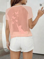 Women's Sexy Backless Careful Machine, Printed with Cat Butterfly Plush Print Pattern, Semi Transparent Round Neck T-shirt, Breathable Mesh Fabric, Suitable for All Seasons, Suitable for Casual and Formal Wear - Pink