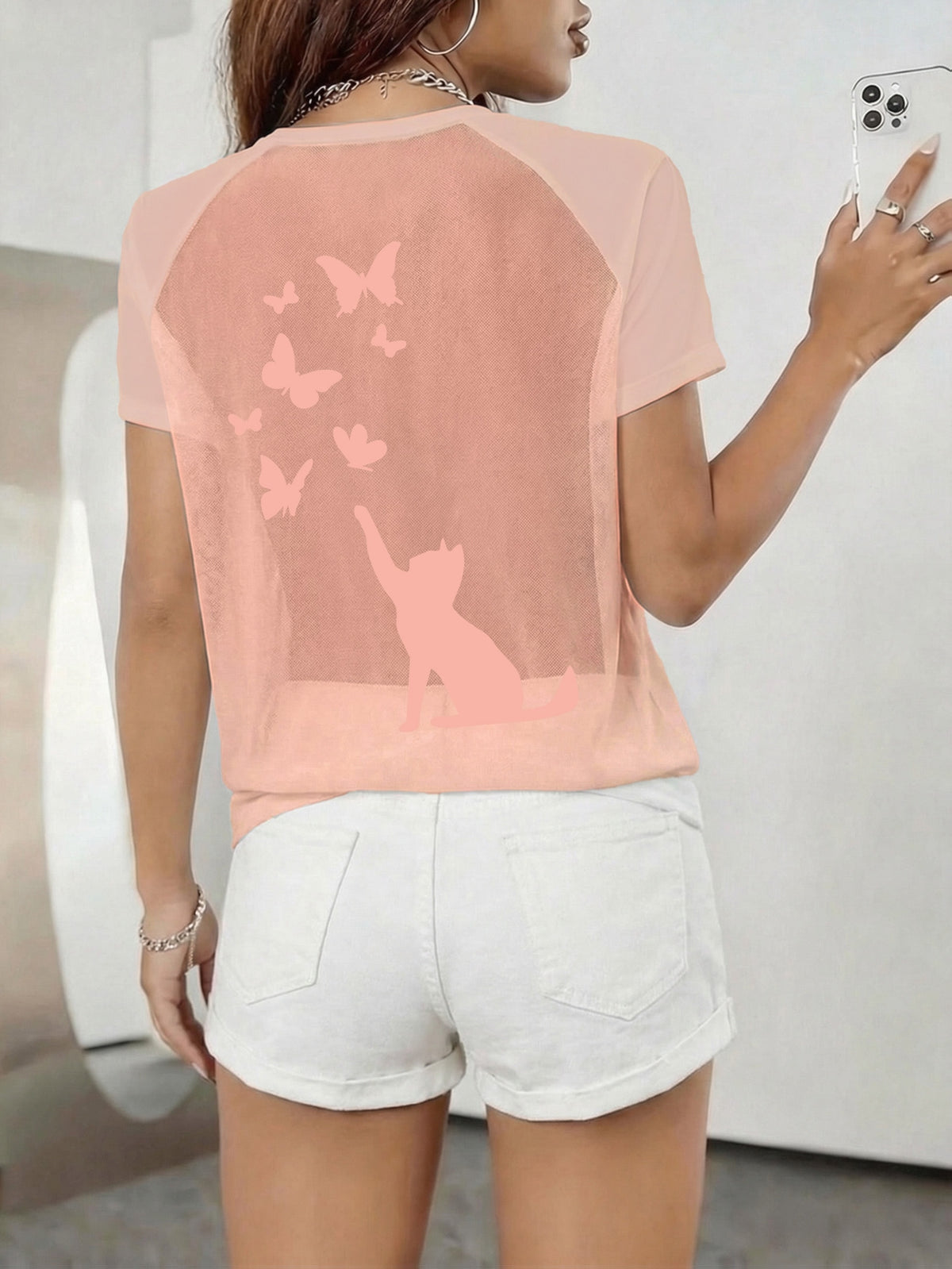 Women's Sexy Backless Careful Machine, Printed with Cat Butterfly Plush Print Pattern, Semi Transparent Round Neck T-shirt, Breathable Mesh Fabric, Suitable for All Seasons, Suitable for Casual and Formal Wear - Pink