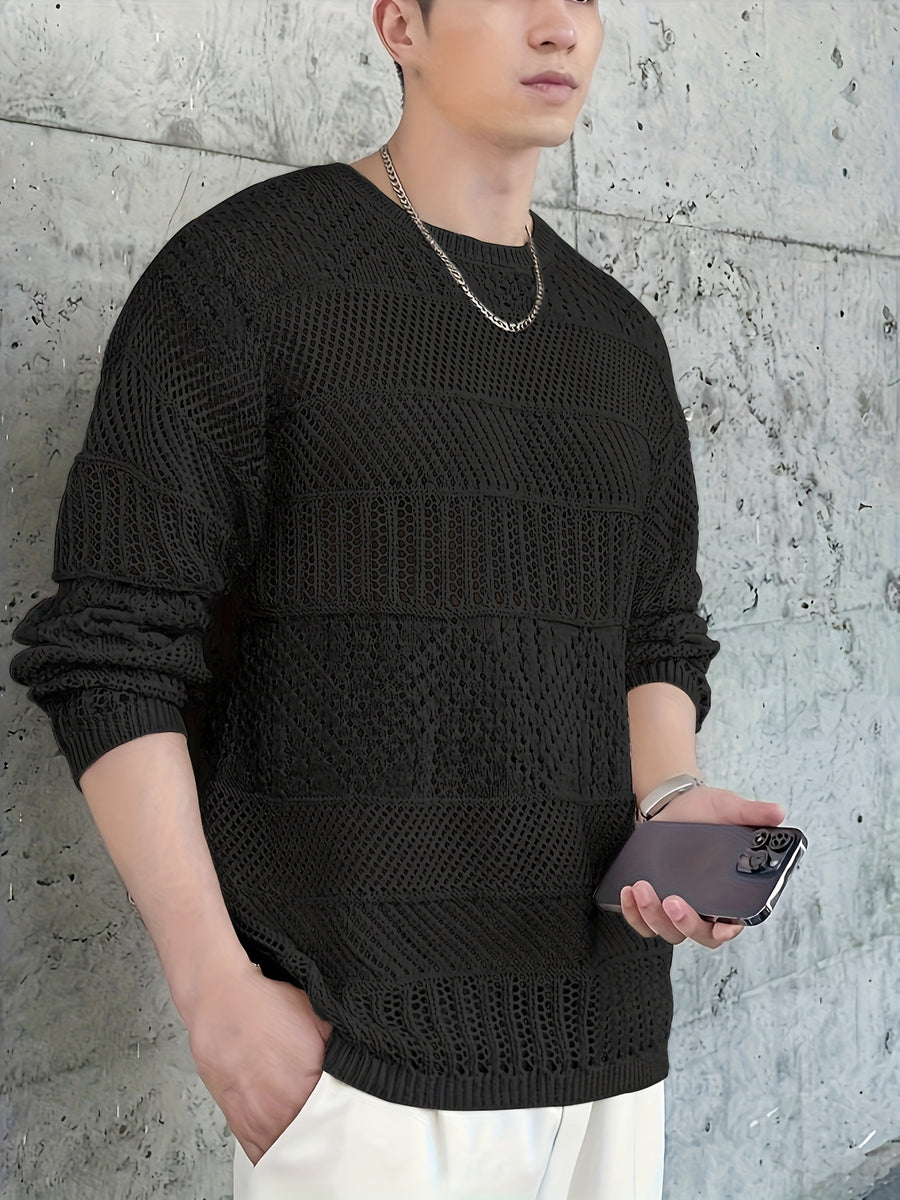 Men's Casual Fashion Hollow-Out Knit Sweater - Black