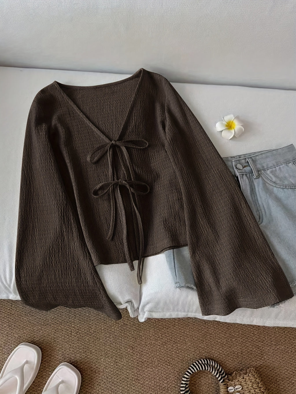 Vintage Casual Bow Tie Bell Sleeve Thin Women'S Jacket for Spring, Autumn, And Summer - Dark Brown