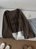Vintage Casual Bow Tie Bell Sleeve Thin Women'S Jacket for Spring, Autumn, And Summer - Dark Brown