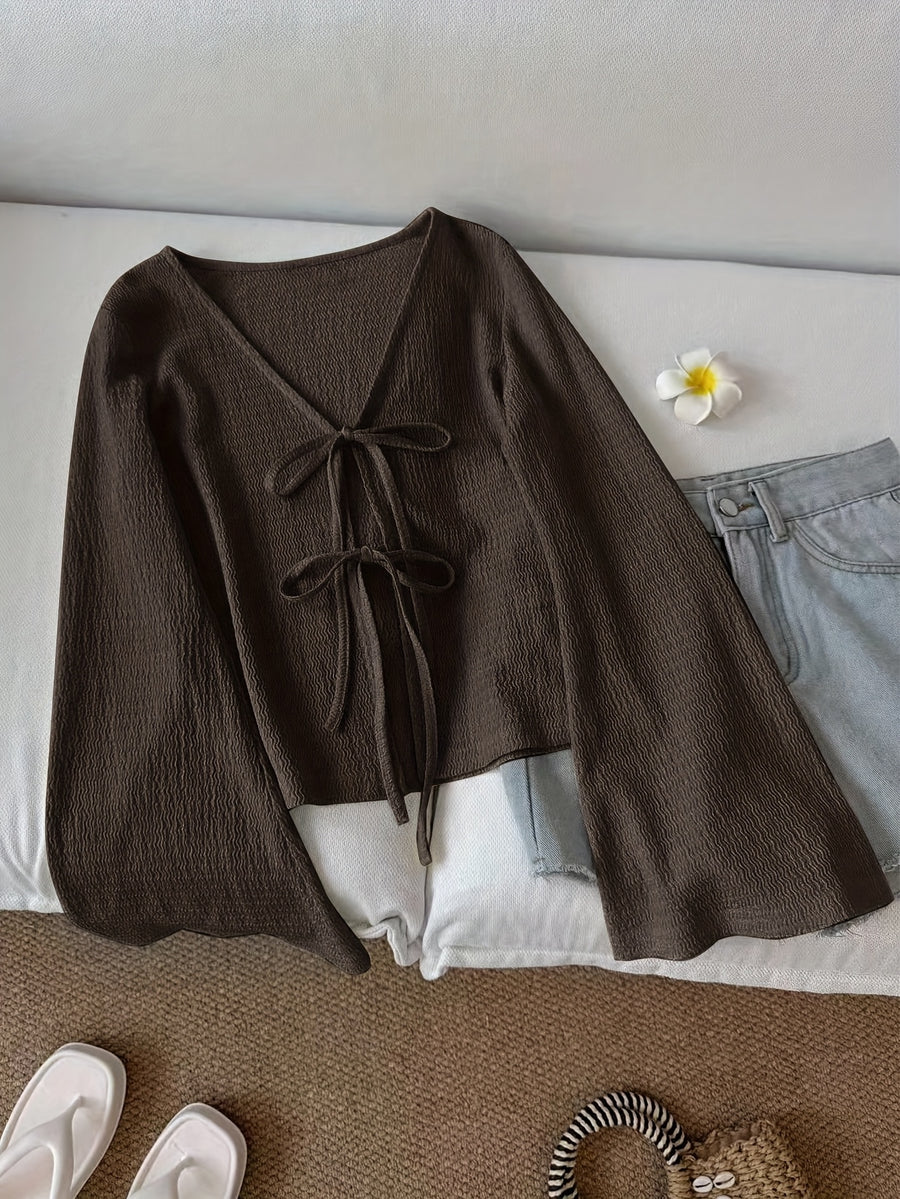 Vintage Casual Bow Tie Bell Sleeve Thin Women'S Jacket for Spring, Autumn, And Summer - Dark Brown