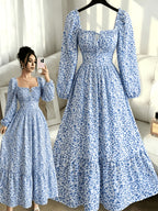 Fashion Temperament Elegant Mid-Length Floral Print Puff Sleeve Long Sleeve Dress Women'S 930 - Multicolor