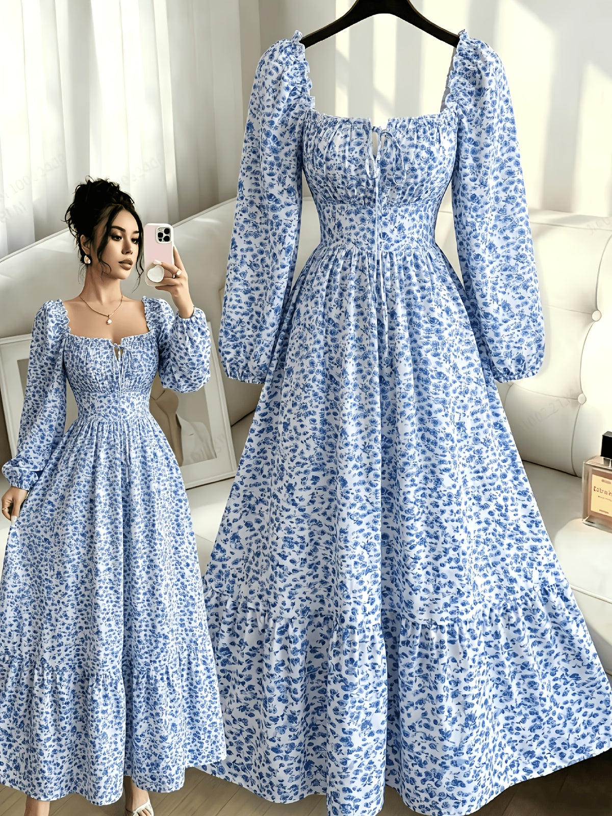 Fashion Temperament Elegant Mid-Length Floral Print Puff Sleeve Long Sleeve Dress Women'S 930 - Multicolor