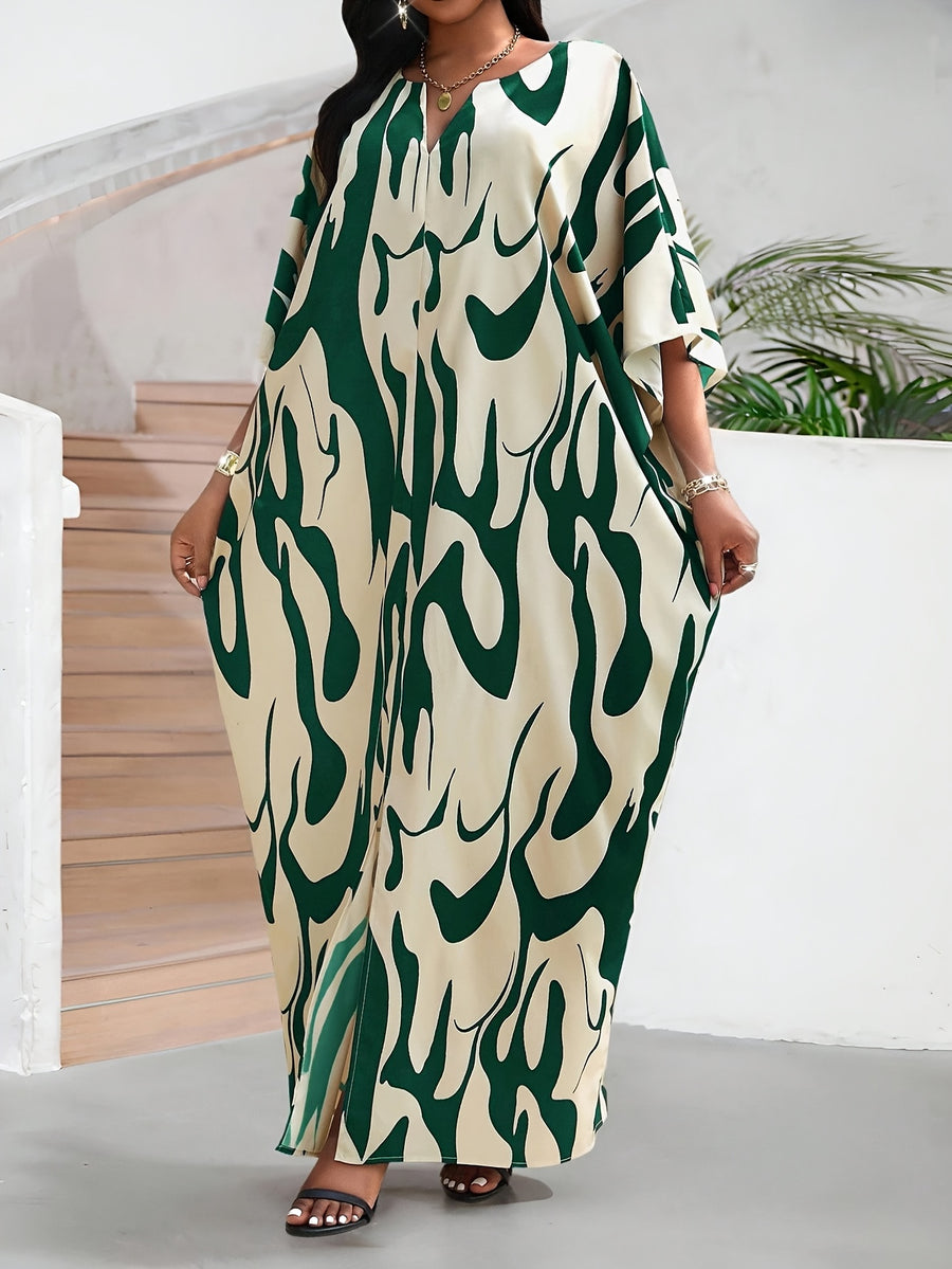 Women's Middle Eastern Robe, Casual and Comfortable V-Neck Loose Long Tunic with Slit for Beach Vacation Cover-Up Dress - Dark Green