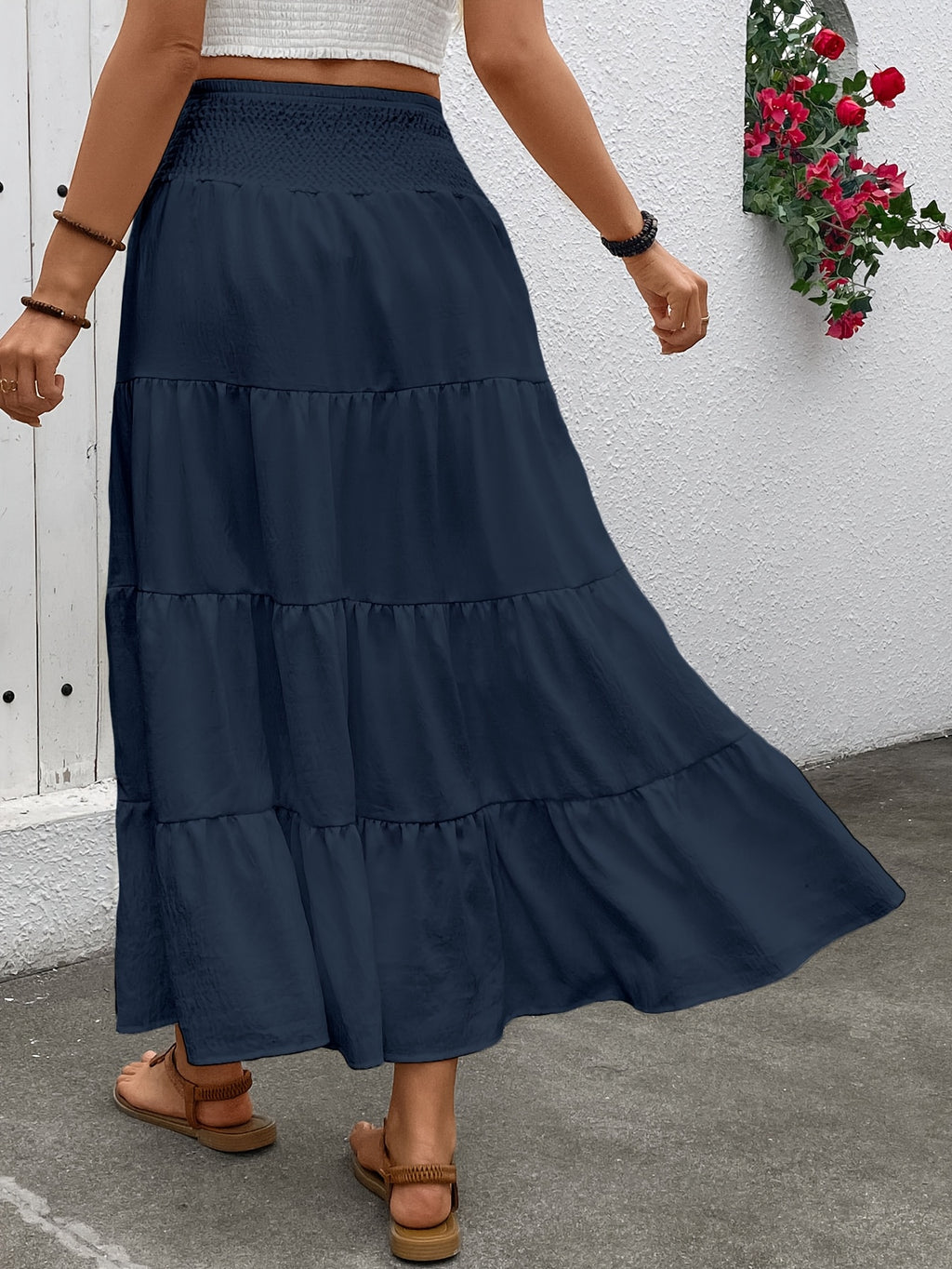 Women's elastic high-waisted ruffle A-line long skirt with drawstring design in Bohemian style. - Navy Color