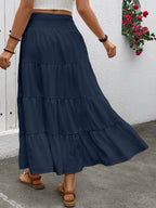 Women's elastic high-waisted ruffle A-line long skirt with drawstring design in Bohemian style. - Navy Color