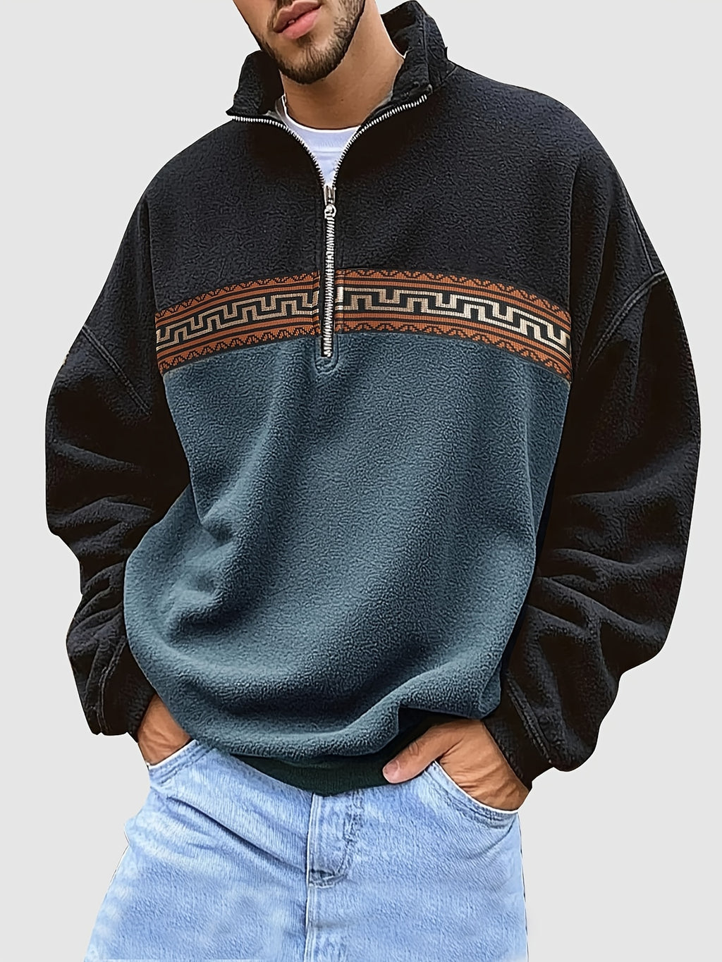 Men'S Fleece Ethnic Style Webbing Color Block Stand-Up Collar Sweatshirt Warm Casual Jacket - Sea Blue