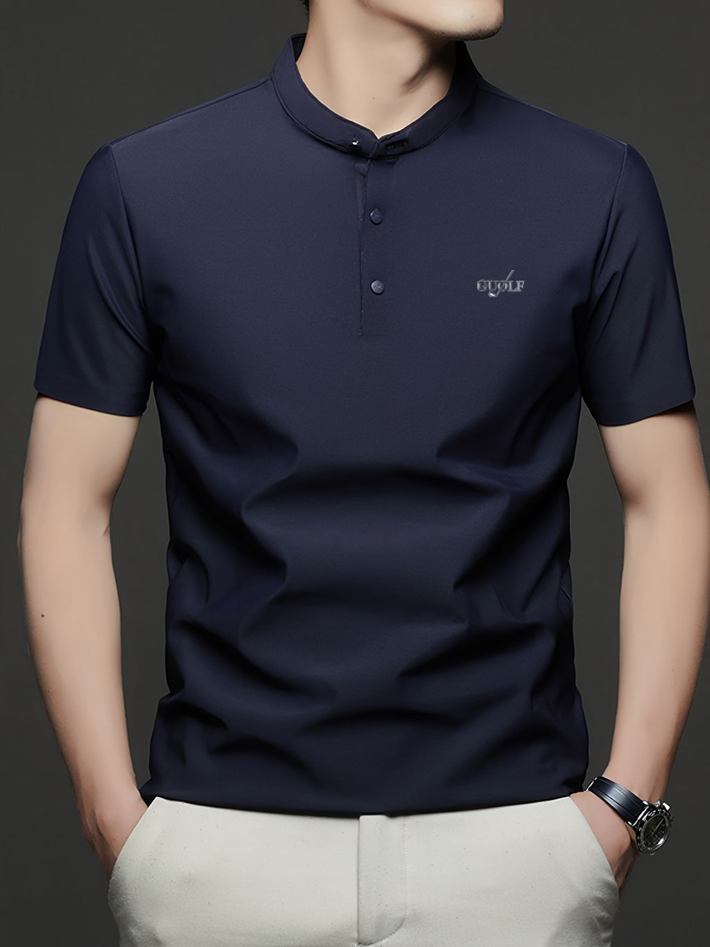 Maqiqi OBM Men's Chinese Style Henley Shirt - Breathable Short-Sleeve -Front Collar Polo, Half-Open Placket Stand Collar Tunic for Business Casual Wear, Layering Base Layer Top Suitable for Office, Golf, Running Gift - Navy Color