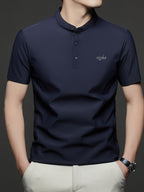 Maqiqi OBM Men's Chinese Style Henley Shirt - Breathable Short-Sleeve -Front Collar Polo, Half-Open Placket Stand Collar Tunic for Business Casual Wear, Layering Base Layer Top Suitable for Office, Golf, Running Gift - Navy Color
