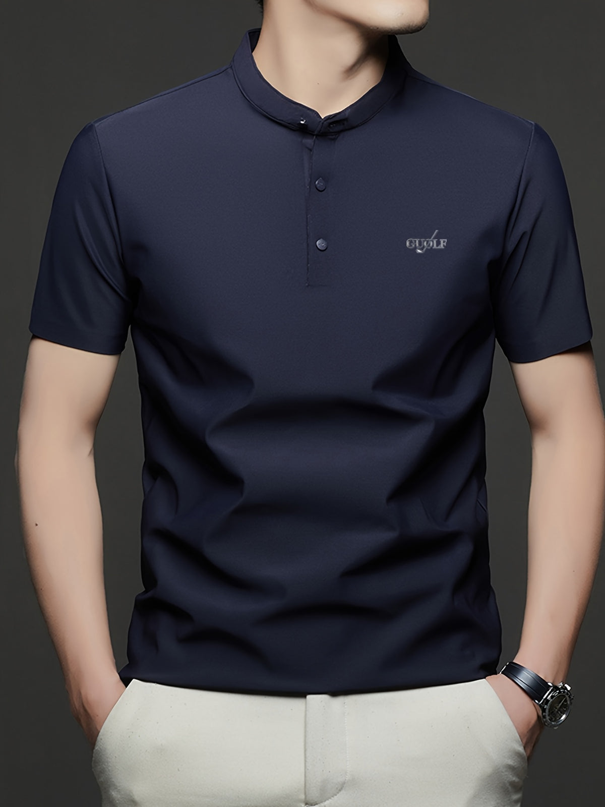 Maqiqi OBM Men's Chinese Style Henley Shirt - Breathable Short-Sleeve -Front Collar Polo, Half-Open Placket Stand Collar Tunic for Business Casual Wear, Layering Base Layer Top Suitable for Office, Golf, Running Gift - Navy Color