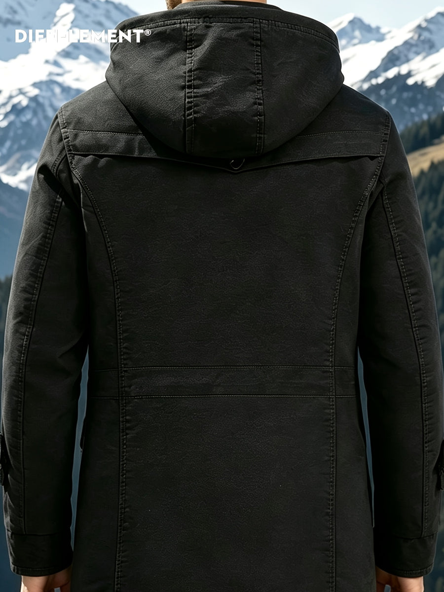 DIFFELEMENT Men's Outdoor Workwear Style Mid-Length Hooded Parka Coat with Fleece-Lined Thickened Lamb's Fleece Interior, Hood, Zipper, Button Double Front Closure, Windproof Multi-Pocket Design, Cold-Resistant, Wear-Resistant, and Warm Padded Coat - Black