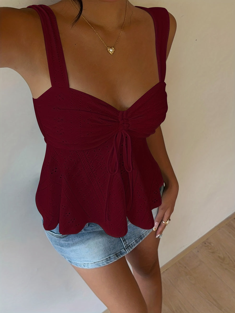 Women'S Casual Front-Drawstring Vest, Women'S Outing Top, Vacation, Cute Summer Top - Burgundy