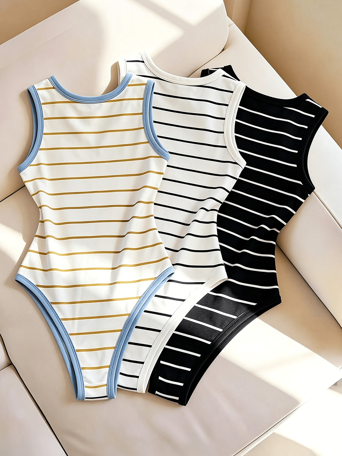 3pcs Women's Solid Color Round Neck Casual Basic Bodysuit, Striped Bodycon Top for Summer, Seksi Chic, Carnival, Date, Beach Outing, Birthday, Outdoor Travel, Vacation, Spring - Black+white+blue