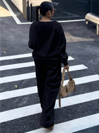 2pcs Women Bow Decor V-Neck Oversized Loose Sweatshirt And Sweatpants Set, Casual - Black+black