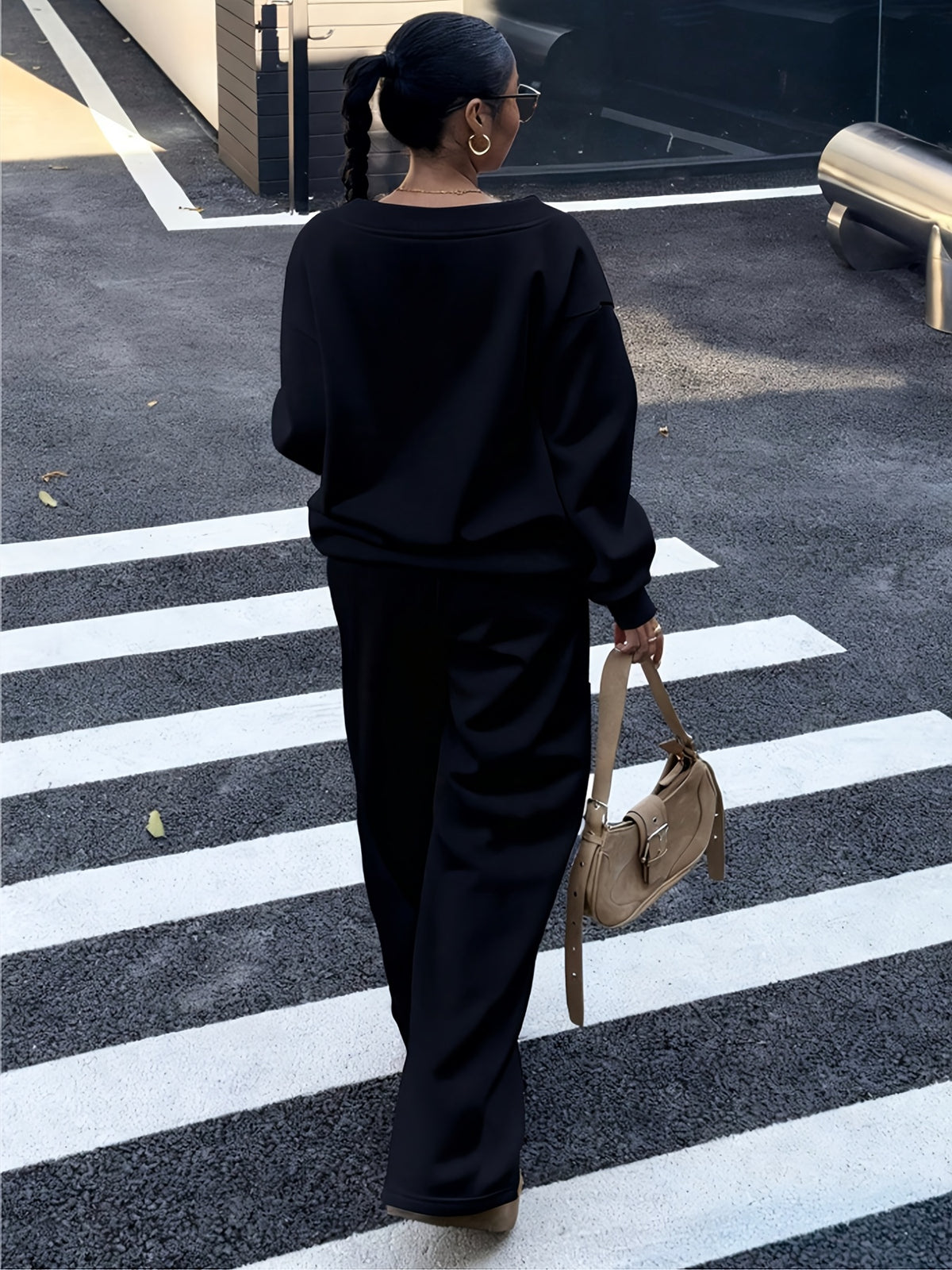 2pcs Women Bow Decor V-Neck Oversized Loose Sweatshirt And Sweatpants Set, Casual - Black+black