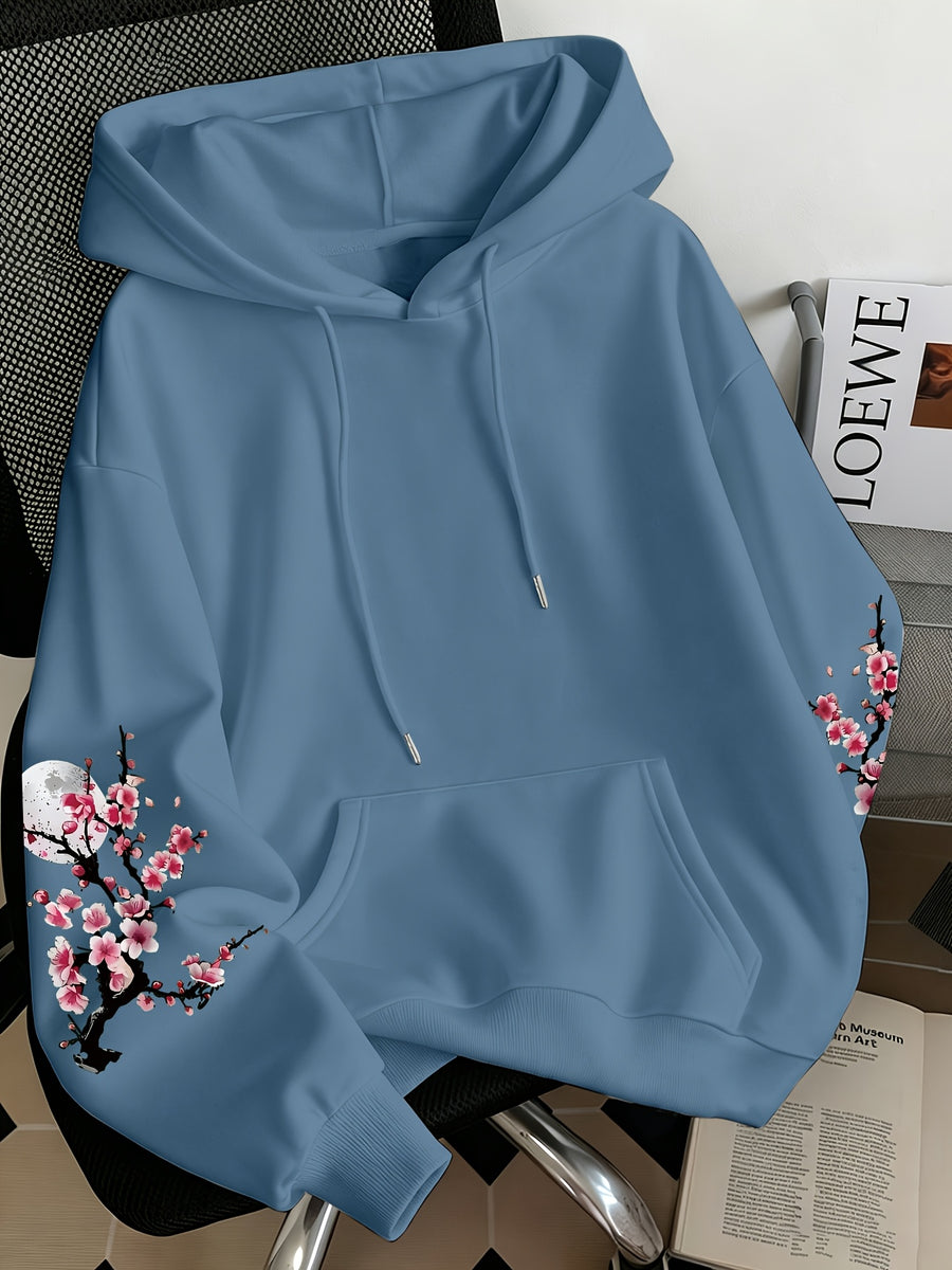 Women'S Fashion Cherry Blossom And Letter Print Casual Hooded Sweatshirt - Peacock Blue