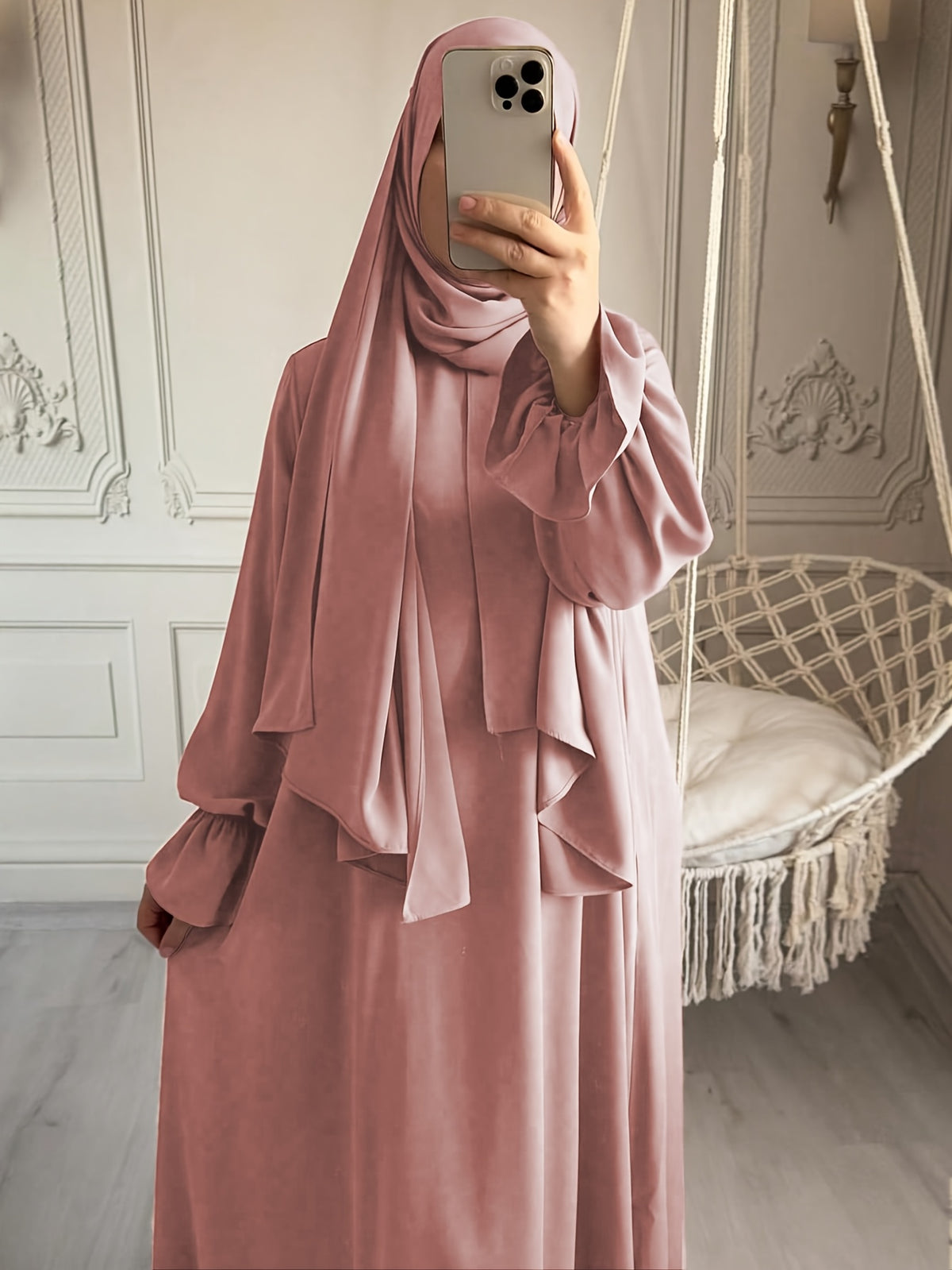 1pc Fashionable, Elegant and Casual One-piece Solid-colored Bellows Sleeve Suitable for Daily Wear. Loose and Comfortable Women's Abaya Robe.abayas for Women Muslim Kleider Damen Abaya for Women Stylish Khimar Ladies Abaya - Pink Color