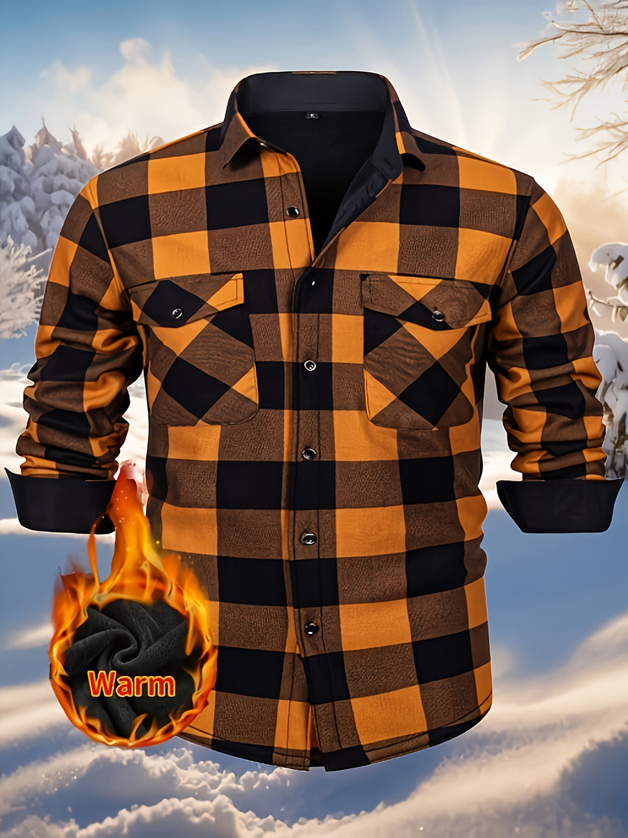 2026 Men's Plaid Shirt - Color Block Design, Brushed Lining, Warm Winter Flannel (Casual & Outdoor) Color Block Lining, Cold Weather Flannel for Outdoor Bold Color Block, Brushed Interior, Urban Style - Yellowish-brown
