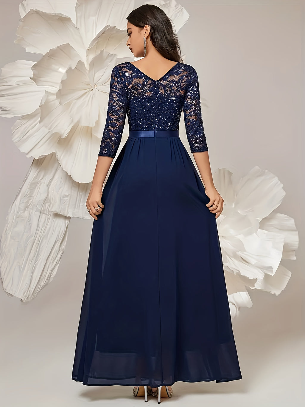 Women'S Elegant Lace Sequin Dress, Waist Tapered Satin Ribbon Patchwork, Underskirt Chiffon Pairing, Showcasing Flowy - Royal Blue
