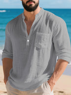 Men'S Textured Henley Shirt, Long Sleeve Casual Pullover with Stand Collar, Button Placket And Chest Pocket, Lightweight Relaxed Fit Top for Beach Vacation, Resort Travel, Weekend, Outdoor Leisure, And Daily Streetwear - Grey