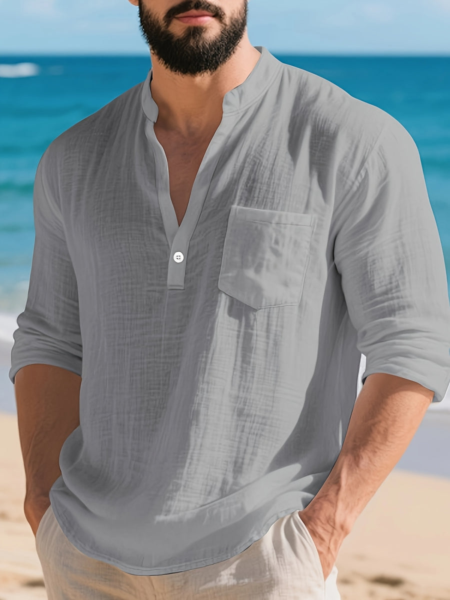 Men'S Textured Henley Shirt, Long Sleeve Casual Pullover with Stand Collar, Button Placket And Chest Pocket, Lightweight Relaxed Fit Top for Beach Vacation, Resort Travel, Weekend, Outdoor Leisure, And Daily Streetwear - Grey