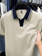 [Shule Water OBM] Summer Men'S Short Sleeve T-Shirt, Contrast Striped Cool Business Casual Versatile Top, Mid-Age Men'S Short Sleeve Collared Polo Shirt (72616) - Apricot