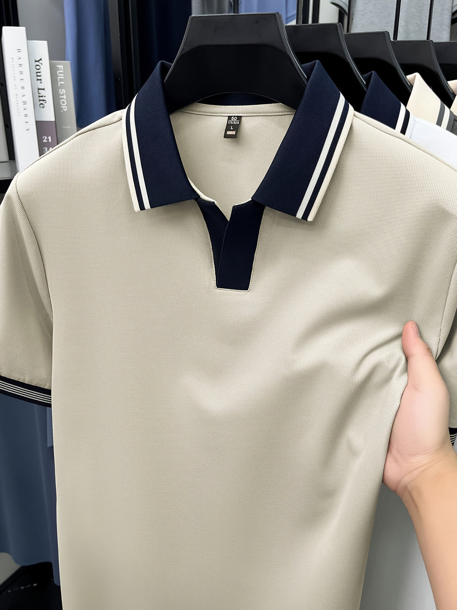 [Shule Water OBM] Summer Men'S Short Sleeve T-Shirt, Contrast Striped Cool Business Casual Versatile Top, Mid-Age Men'S Short Sleeve Collared Polo Shirt (72616) - Apricot