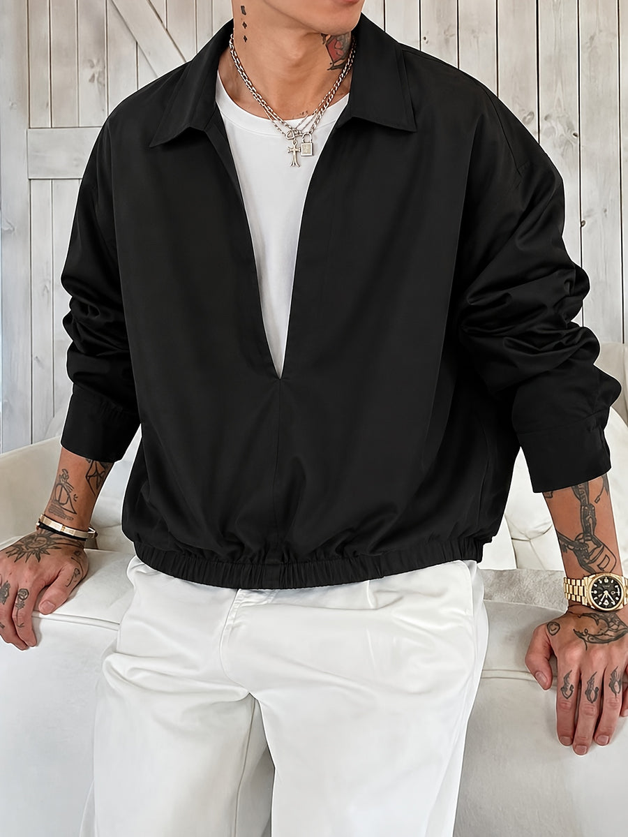 Men'S V-Neck Faux Two-Piece Open Front Long Sleeve Shirt Jacket with Elastic Cinch Hem, Premium Casual Commuter Shirt, Everyday Relaxed All-Match Pullover - Black
