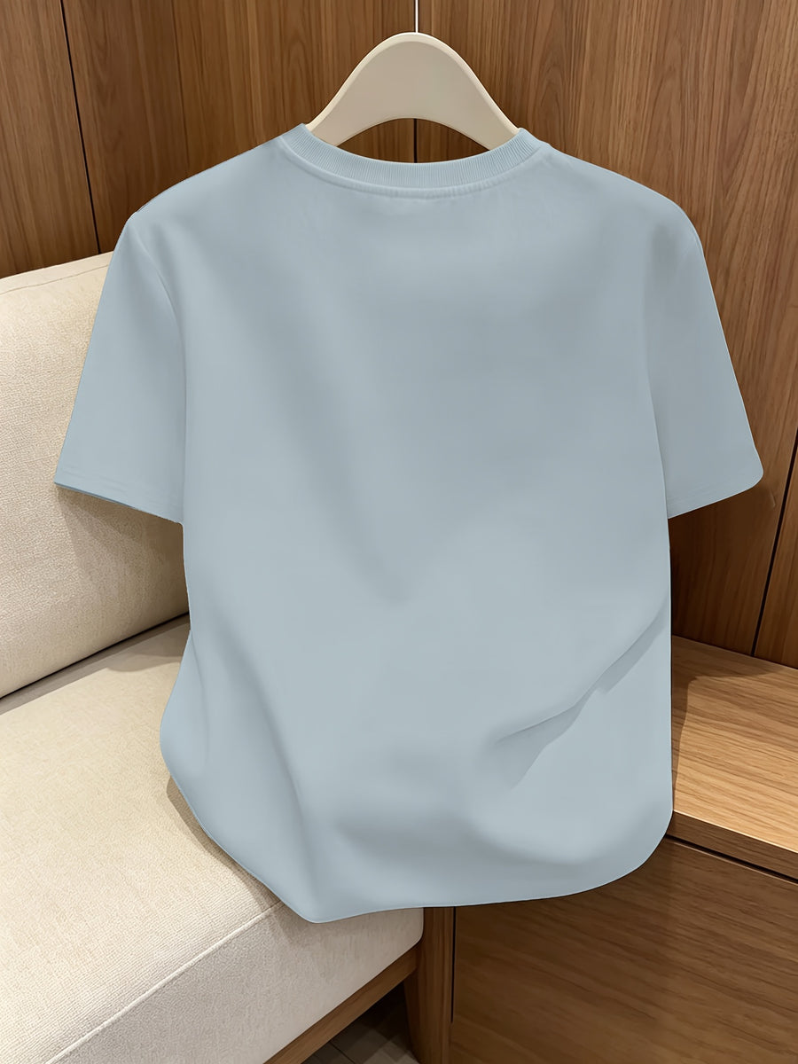 4pcs Set, Spring/Summer 4pcs Set, Solid Color Crew Neck Fashionable Simple Sweet Loose Short Sleeve T-Shirt, Summer/Spring Women's 4pcs Top Set - Light Blue*4
