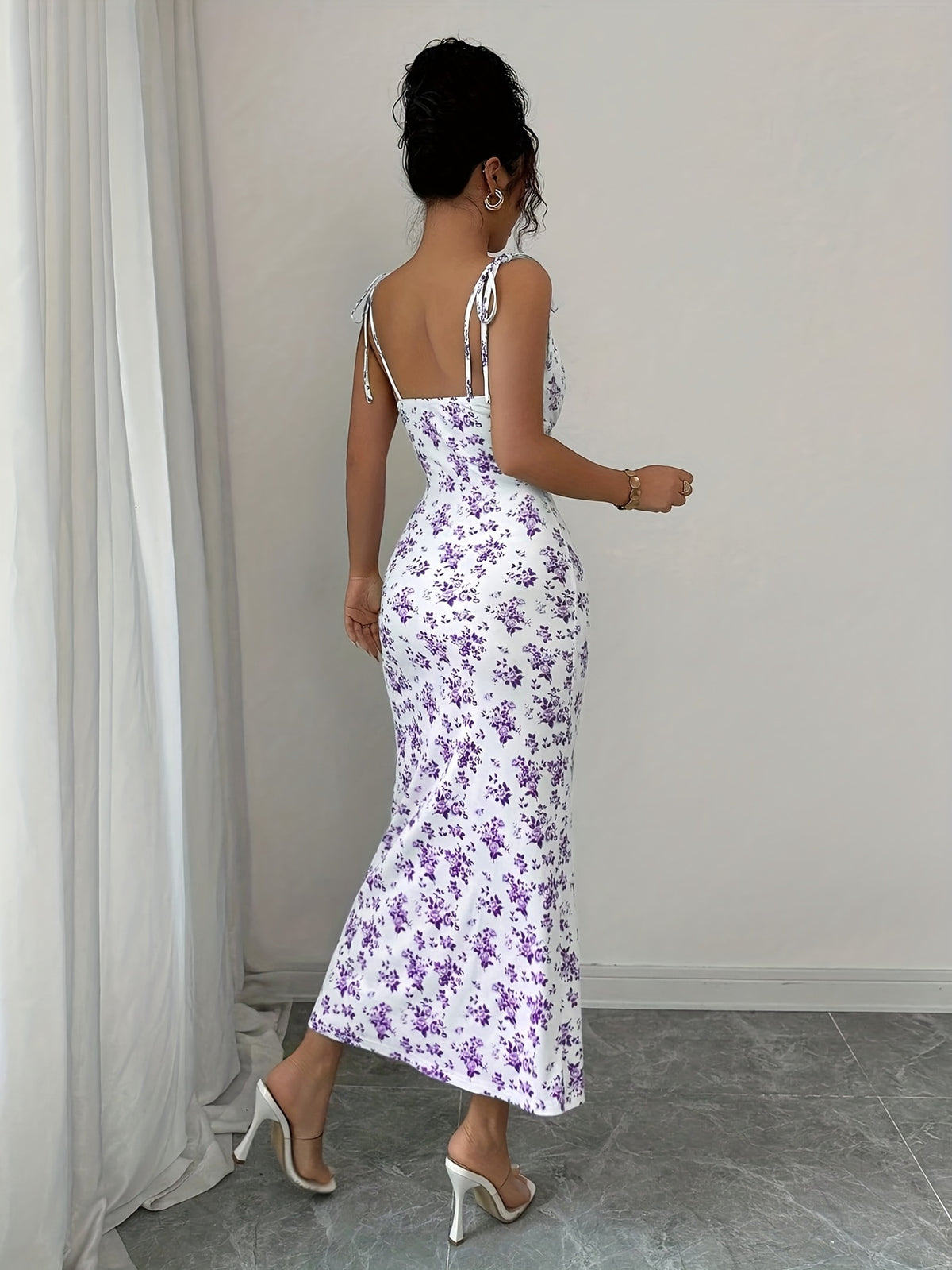Elegant Floral Ruffled Strap Dress for Women - Mixed colors