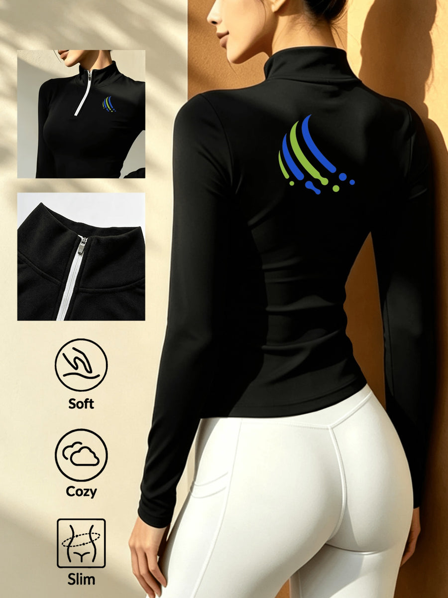 Stand-Collar Half-Zip Long Sleeve T-Shirt, Autumn Winter Warm Semi-High Neck Base Layer Top - Black