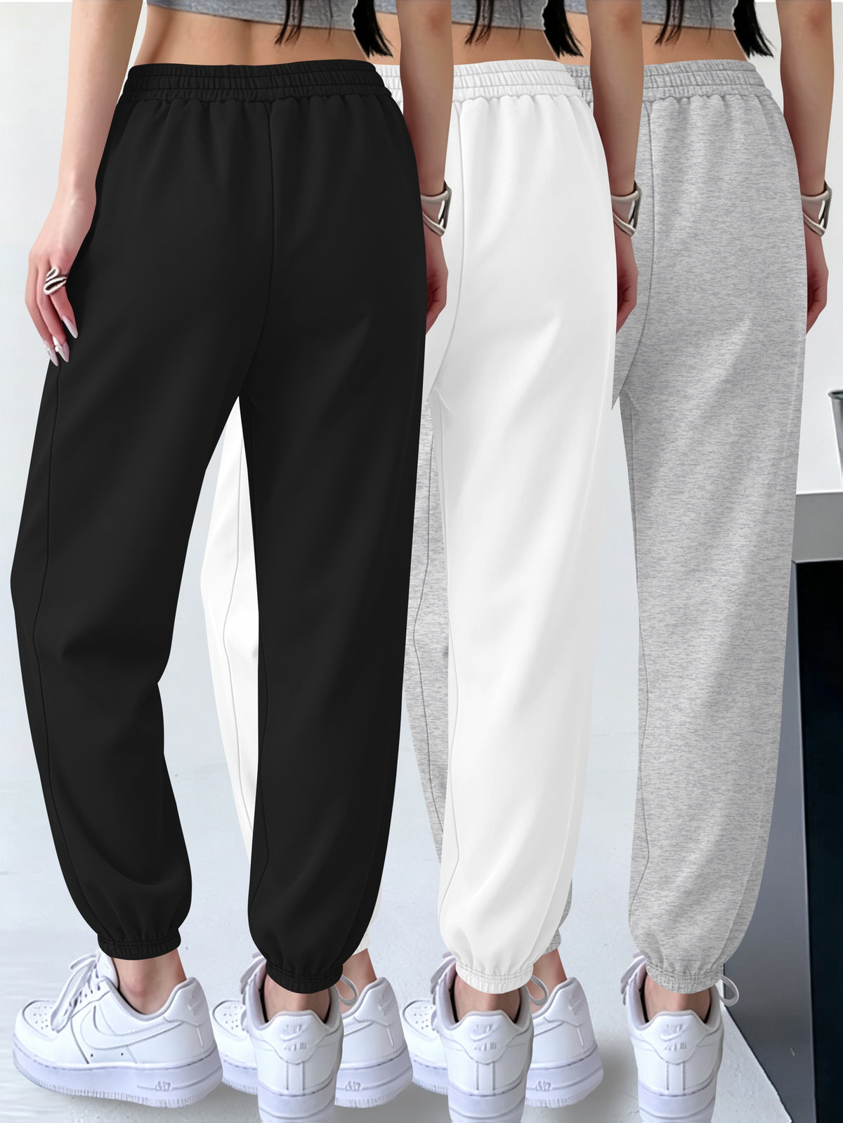 3pcs Set Halloween Casual Long Pants Elastic Waistband Pants, Warm Elastic Waistband Casual Trousers for Women's Outerwear in Fall/Winter - Black+White+Grey
